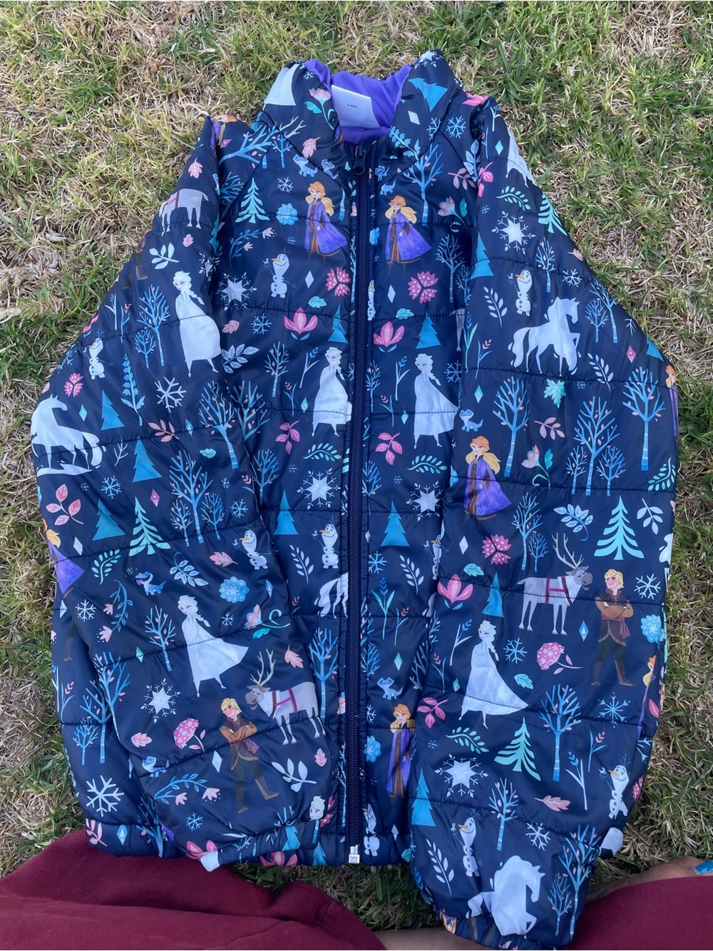 Disney Navy Blue Puffer Jacket with Multicolor Frozen Characters